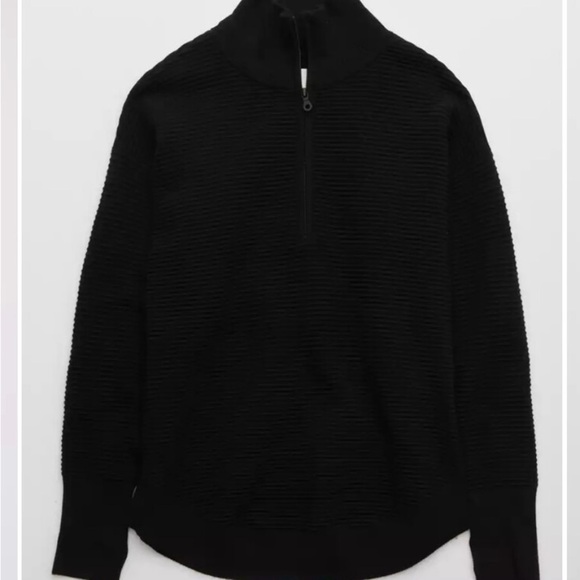 Offline By Aerie Home Stretch Quarter Zip Black Ribbed Size XS Oversized - Picture 4 of 11